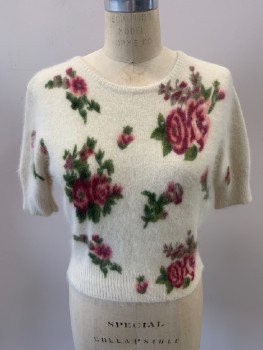 EXPRESS, Beige, Rose Pink, Raspberry Pink, Green, Angora, Nylon, Floral, Knit, Scoop Neck, Pullover, S/S, Ribbed Waist & Cuffs
