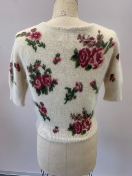 EXPRESS, Beige, Rose Pink, Raspberry Pink, Green, Angora, Nylon, Floral, Knit, Scoop Neck, Pullover, S/S, Ribbed Waist & Cuffs