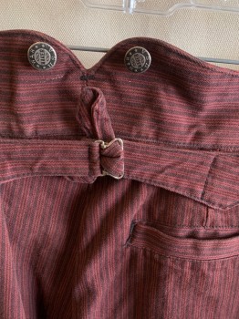 WAH MAKER, Red Burgundy, Black, Cotton, Stripes, High Waist, Button Front, 3 Pockets, Metal Suspender Buttons, Back Half Belt, 1 Pocket, Bleaching In Front