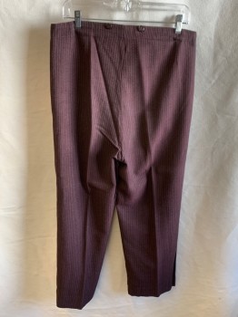 Mens, Pants 1890s-1910s, NL, Red Burgundy, Off White, Wool, Stripes, 28, 34, High Waist, Button Fly, Suspender Buttons, Side Pockets, 1 Leg 2" Longer, Small Hole In Crotch