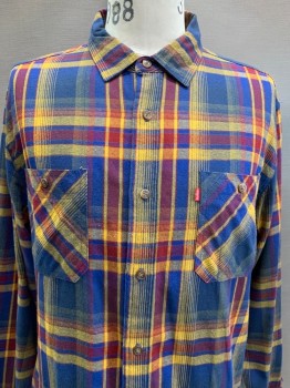 LEVI'S, Navy Blue, Mustard Yellow, Red Burgundy, Cotton, Plaid, L/S, Button Front, C.A., Chest Pockets