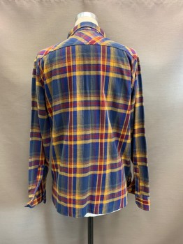 LEVI'S, Navy Blue, Mustard Yellow, Red Burgundy, Cotton, Plaid, L/S, Button Front, C.A., Chest Pockets