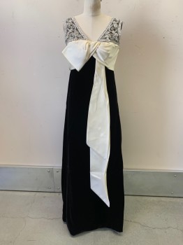 Jack Bryan, Black, Pearl White, Silver, Cotton, Silk, Solid, Sleeveless, V Neck, Heavily Beaded Chest/shoulders, Pearl Waist Bow with Strips, Velvet Texture, Back Zipper,