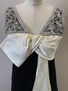 Womens, Evening Gown, Jack Bryan, Black, Pearl White, Silver, Cotton, Silk, Solid, W32, B34, Sleeveless, V Neck, Heavily Beaded Chest/shoulders, Pearl Waist Bow with Strips, Velvet Texture, Back Zipper,