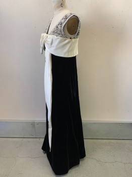 Jack Bryan, Black, Pearl White, Silver, Cotton, Silk, Solid, Sleeveless, V Neck, Heavily Beaded Chest/shoulders, Pearl Waist Bow with Strips, Velvet Texture, Back Zipper,