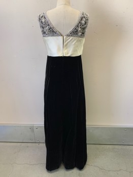 Womens, Evening Gown, Jack Bryan, Black, Pearl White, Silver, Cotton, Silk, Solid, W32, B34, Sleeveless, V Neck, Heavily Beaded Chest/shoulders, Pearl Waist Bow with Strips, Velvet Texture, Back Zipper,