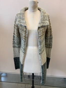 Womens, Cardigan Sweater, FREE PEOPLE, Gray, White, Tan Brown, Sage Green, Black, Acrylic, Wool, Stripes - Horizontal , S, Knit, Multi Color Weave, C.A.,