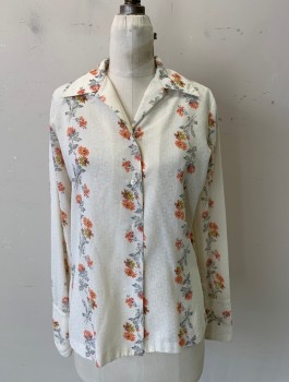 Womens, Blouse, ADELAAR, Cream, Red, Orange, Black, Gold, Cotton, Polyester, Floral, B34, Long Sleeve 2 Button Cuff, Convertable Collar. Verticle Colums of Color Flowers with Black Dotted Stems, and White on White Geometric Pattern.
