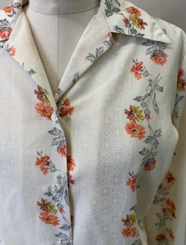 ADELAAR, Cream, Red, Orange, Black, Gold, Cotton, Polyester, Floral, Long Sleeve 2 Button Cuff, Convertable Collar. Verticle Colums of Color Flowers with Black Dotted Stems, and White on White Geometric Pattern.
