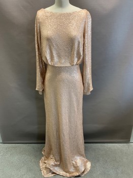 Womens, Evening Gown, TADASHI SHOJI, Rose Gold Metallic, Polyester, Sequins, Speckled, S, L/S, Round Neck, Full Sequins, Elastic Waist Band, Back Draped With Lace Cover, Side Zipper,