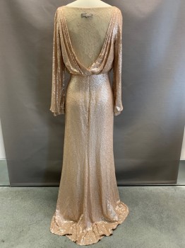 Womens, Evening Gown, TADASHI SHOJI, Rose Gold Metallic, Polyester, Sequins, Speckled, S, L/S, Round Neck, Full Sequins, Elastic Waist Band, Back Draped With Lace Cover, Side Zipper,