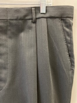 HARVE BENARD, Espresso Brown, Wool, Stripes - Shadow, Stripes - Vertical , Pleated Front, Zip Fly, 2 Front Slant Pckts, 2 Back Pckts, Left Back Pckt with 1 Btn *Hole Near Fly, And White Stains By Left Back Pckt* Mending Of Small Holes At Left Back Lower Thigh*, Twill Tape At Hem*