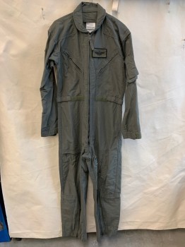 Mens, Coveralls/Jumpsuit, PROPPER, Olive Green, Cotton, Solid, 44R, (MULTIPLE) (Distressed/aged) Collar Attached, Shoulder Patch, Zip Front, 5 Pockets with Zipper, 1" Self Waist Belt with Velcro, Long Sleeves with Velcro Cuffs (1 Pocket with Zipper on Left Arm), Zipper at Both Side Pants Hem