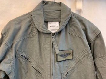 Mens, Coveralls/Jumpsuit, PROPPER, Olive Green, Cotton, Solid, 44R, (MULTIPLE) (Distressed/aged) Collar Attached, Shoulder Patch, Zip Front, 5 Pockets with Zipper, 1" Self Waist Belt with Velcro, Long Sleeves with Velcro Cuffs (1 Pocket with Zipper on Left Arm), Zipper at Both Side Pants Hem
