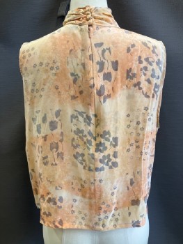 Womens, Top, CARLISLE, Peach Orange, Gray, Silk, Floral, Abstract , 8, Mock Neck With Back Snap Buttons And Zipper, Sleeveless, Decorative Placket With Silver Buttons, Cropped