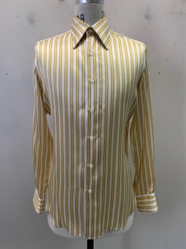 ANTO, Gold, Pearl White, Brown, Polyester, Stripes - Vertical , L/S, Button Front, Collar Attached