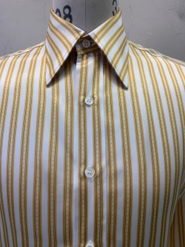 Mens, Shirt, ANTO, Gold, Pearl White, Brown, Polyester, Stripes - Vertical , M, L/S, Button Front, Collar Attached