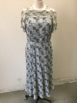 Womens, 1930s Vintage, Piece 2, N/L MTO, Lt Gray, Gray, Charcoal Gray, Silk, Abstract , W:33, B:38, H:41, Light Gray Chiffon with Gray, Charcoal Swirl/Dot Pattern, Short Sleeves, High Square Neck, Gray Tiny Ball Lace Trim at Cuffs and Rows Across Bust, Mid Calf Length, Center Back Zipper,  Reproduction Made To Order