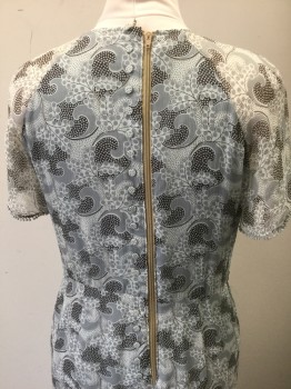 Womens, 1930s Vintage, Piece 2, N/L MTO, Lt Gray, Gray, Charcoal Gray, Silk, Abstract , W:33, B:38, H:41, Light Gray Chiffon with Gray, Charcoal Swirl/Dot Pattern, Short Sleeves, High Square Neck, Gray Tiny Ball Lace Trim at Cuffs and Rows Across Bust, Mid Calf Length, Center Back Zipper,  Reproduction Made To Order