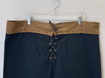 NO LABEL, Black, Brown, Cotton, Suede, Solid, F.F, Brown Waist Band, Lace Up Front And Back, Belt Loops, Distressed Bottom Trim