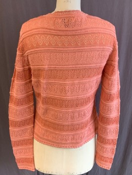 Womens, Cardigan Sweater, MISSONI, Peach Orange, Cotton, Viscose, Geometric, Stripes - Horizontal , M, V-N, B.F., L/S, Openwork Patterned Stripes