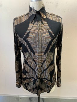 Mens, Shirt, ANTO MTO, Black, Brown, Gray, Beige, Silk, Stripes, Abstract , 14/36, 1970s Repro, C.A., Button Front, L/S