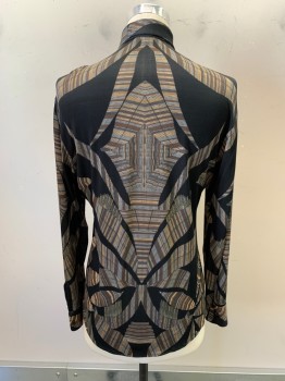 ANTO MTO, Black, Brown, Gray, Beige, Silk, Stripes, Abstract , 1970s Repro, C.A., Button Front, L/S
