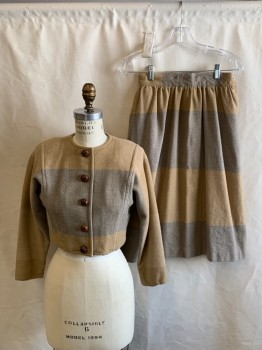 EVAN PICONE, Camel Brown, Gray, Wool, Color Blocking, Round Neck, B.F. with Leather Buttons, 3/4 Sleeve