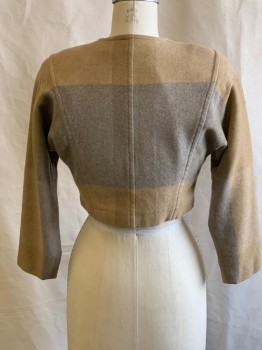 EVAN PICONE, Camel Brown, Gray, Wool, Color Blocking, Round Neck, B.F. with Leather Buttons, 3/4 Sleeve