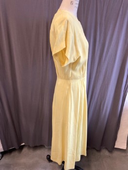 LYNN  LESTER, Lemon Yellow, Rayon, Solid, Round Neck, Yoke  S/S, Hidden Button Placket, With Real Pearl  Btns Down CF, Gathers At Waist Seam