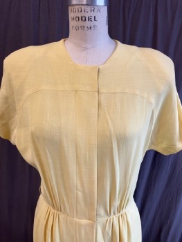 LYNN  LESTER, Lemon Yellow, Rayon, Solid, Round Neck, Yoke  S/S, Hidden Button Placket, With Real Pearl  Btns Down CF, Gathers At Waist Seam