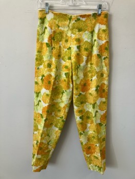 Womens, Pants, TIMELY FASHIONS, H:38, W:30, Bright Orange/Yellow/Green Floral Stretch Terry Texture, No Waistband, Back Zip, Tapered