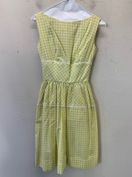 Lanz, Lime Green, Lt Green, Polyester, Check , Sleeveless, Boat Neck, Zig Zag White Trim, Pleated, Low V Cut Back, Back Buttons,