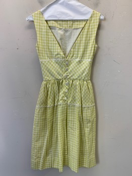 Lanz, Lime Green, Lt Green, Polyester, Check , Sleeveless, Boat Neck, Zig Zag White Trim, Pleated, Low V Cut Back, Back Buttons,
