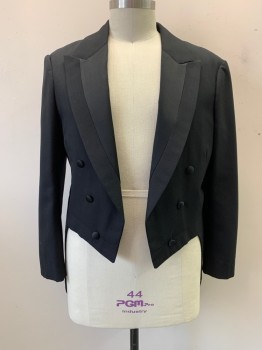 Mens, Tailcoat 1890s-1910s, NL, Black, Wool, 46 L, Satin Peaked Lapel, Double Breasted, Button Front, 6 Fabric Covered Buttons, Open Front