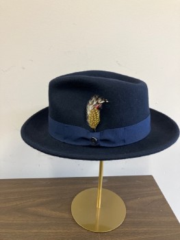 Mens, Fedora, JAXONHAT, Navy Blue, Wool, Solid, 7 3/4, XL, Grograin Band And Bow, Feathers