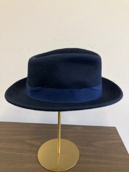 Mens, Fedora, JAXONHAT, Navy Blue, Wool, Solid, 7 3/4, XL, Grograin Band And Bow, Feathers
