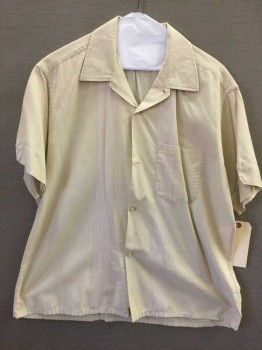 VAN HEUSEN, Beige, White, Brown, Cotton, Stripes, Solid, Button Front, Collar Attached,  V-neck, 1 Pocket, Short Sleeve,