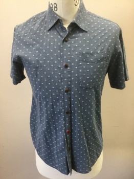 KATIN, Slate Blue, Cotton, Dots, Slate Blue with Dot/Squares Flocked Pattern/Texture, Short Sleeve Button Front, Collar Attached, 1 Patch Pocket at Chest