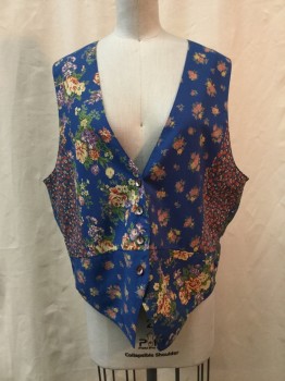 Womens, 1990s Vintage, Piece 1, KANE, Blue, Red, Yellow, Green, Lavender Purple, Rayon, Floral, B 36, Vest, Button Front, V-neck,