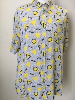 SUPER MASSIVE, Yellow, Black, Heather Gray, Rayon, Geometric, Short Sleeve, Front, Collar Attached, 1 Pocket, Early 1990's