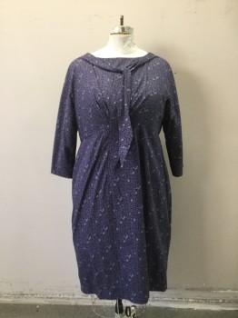 N/L, Navy Blue, Purple, Sea Foam Green, Cotton, Floral, Leaf Print on Cotton, Jewel Neck with Self Tie. 3/4 Sleeves. Center Back Zipper,
