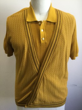 Mens, Polo Shirt, N/L, Mustard Yellow, Brown, Cotton, Stripes - Vertical , Solid, XL, "Vest" Like Panel in Front with Open Threadwork Vertical Stripes, Brown and Mustard Vertical Striped Edge to Vest and Hem, Button Placket is Dickie Panel, Short Sleeves, Rib Knit Collar Attached, 3 Buttons at Neck, Hidden Snap Closures at Front,