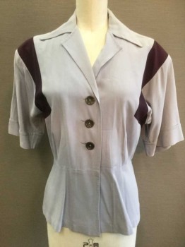 Womens, Blouse, MANFORD, Lt Blue, Aubergine Purple, Cotton, Solid, M, Light Blue Solid 3 Button Front, Collar Attached, Short Sleeve,  Pleated At Waist, Eggplant Shoulder Panels Around Shoulders