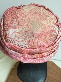 Womens, Hat, M. BERNE, Ecru, Pink, Peach Orange, Floral, Folded Detail Work, Turban-like, Black Lining,