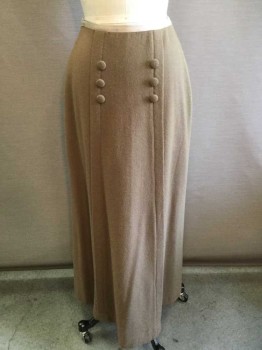 N/L, Lt Brown, Beige, Wool, Solid, 1/2" Wide Beige Faille Waistband, 2 Vertical Tucks At Center Front Waist To Hem, with 3 Self Fabric Covered Buttons On Each Side, Hook & Eye Closures At Center Back Waist, Floor Length Hem, Made To Order,
