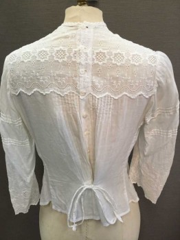 MTO, White, Cotton, Solid, Button Back, Floral Embroiderred Eyelet Yoke, Pintucked From Yolk, 3/4 Sleeve with Pintuck and Embroiderred Eyelet, Self Tie Waist Back,