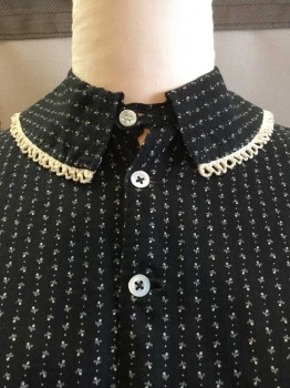 MTO, Black, Cream, Polyester, Wool, Floral, BLOUSE:  Black W/vertical Tiny Cream Floral Print, Collar Attached, W/cream Lace Trim, Button Front, Long Sleeves with 1/2 Solid Black Arm, (gray Line On Black Part Sleeves)