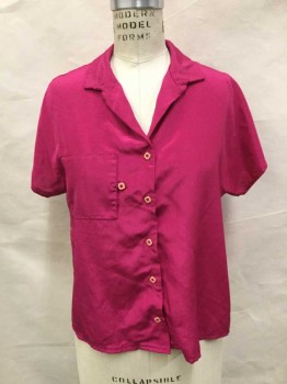 N/L, Fuchsia Pink, Polyester, Solid, Dolman Short Sleeve,  Collar Attached, Button Front, 1 Pocket with Side Opening, Light Pink Square Buttons