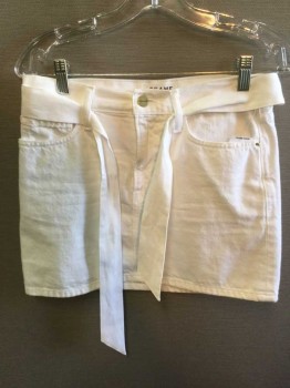 Womens, Skirt, Mini, FRAME, White, Cotton, Solid, 25, SKIRT:  White Denim, Jean Style, Flat Front, Zip Front, W/SELF WHITE BELT, See Photo Attached,